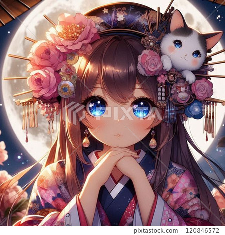 Girl in kimono and cat 120846572