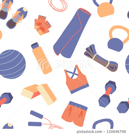 Sport equipment vector seamless pattern. Gym workout tools and activewear repeated design on white background. Yoga mat, kettlebell, dumbbell, resistance band. Yoga, pilates and home exercise concept 120846798