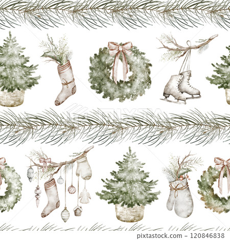 Christmas watercolor seamless pattern with vintage ornaments. Hand-drawn Scandinavian design featuring soft pastel tones for wrapping paper or textile. Cozy holiday illustration with festive elements. 120846838