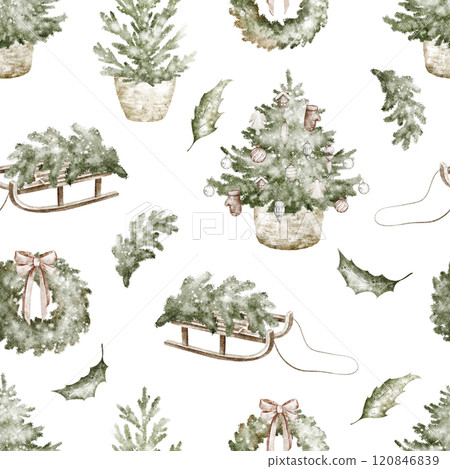 Seamless watercolor pattern of Christmas trees. Hand-drawn fir and spruce elements on a festive winter backdrop. Perfect illustration for holiday wrapping paper or textile designs. 120846839