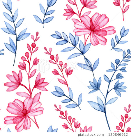 watercolor seamless pattern of transparent wildflowers, x-ray. elegant pink and blue print 120846912