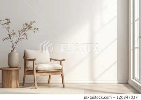 Spacious eco-friendly wall unit with rustic simple furniture and decorative vase. 120847037