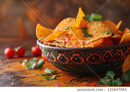 Spicy Tortilla Chips in Decorative Bowl with Fresh Cilantro and Cherry Tomatoes - Perfect for Mexican Cuisine Enthusiasts Generative AI 120847065