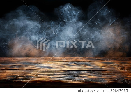 Rustic Wooden Table with Smoke and Dark Background for Atmospheric Design Generative AI Rustic Wooden Table with Smoke and Dark Background for Atmospheric Design Generative AI 120847085