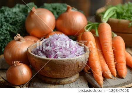 Fresh Vegetables for Cooking: Chopped Onions, Whole Carrots, and Leafy Kale on Wooden Table Generative AI 120847098