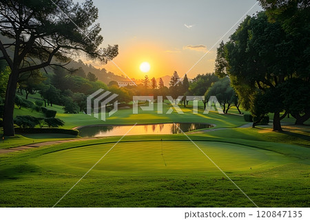 Tranquil Sunset Over Pristine Golf Course with Verdant Landscape Generative AI 120847135