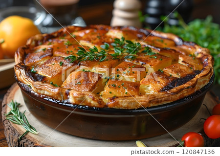 Rustic Golden Potato Tart with Fresh Herbs on Wooden Table Setting Generative AI 120847136