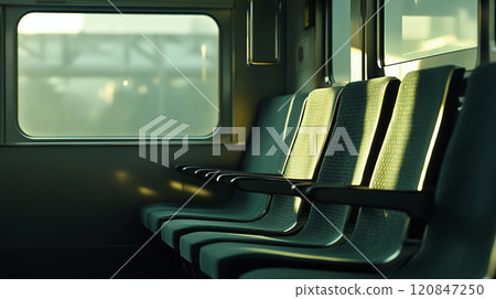 Inside a train with rows of seats 120847250