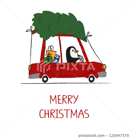 A simple Christmas card. A cute penguin in a red car with a Christmas tree on top. 120847370