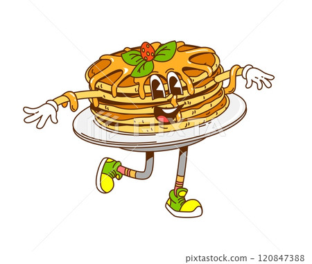 Retro cartoon groovy stack of pancakes with syrup and strawberry hippie fast food character adding a playful, sweet vibe to breakfast. Isolated vector charming and delightful homemade pastry personage 120847388