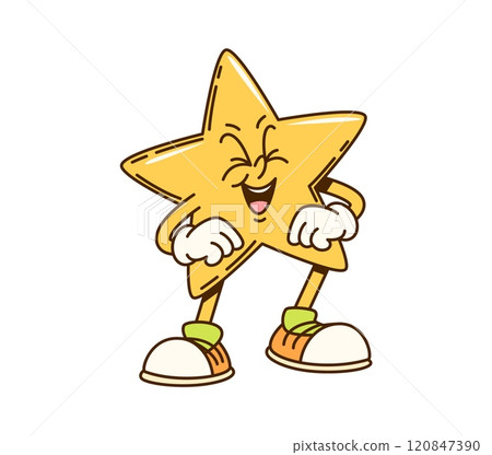 Groovy star math geometric figure character. Isolated cartoon vector cheerful yellow twinkle star personage with a happy laughing expression brings a fun vibe to children geometry classes education Groovy star math geometric figure character. Isolated cartoon vector cheerful yellow twinkle star personage with a happy laughing expression brings a fun vibe to children geometry classes education 120847390