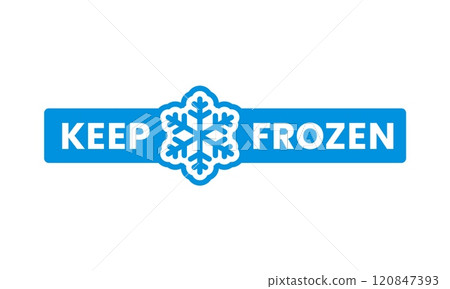Keep frozen blue icon, cold product label. Deep freezing food product, keep cold vector label, refrigerated fish, frozen meat or seafood packaging tag or icon with blue snowflake 120847393