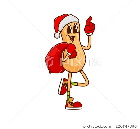Christmas peanut nut character wearing Santa hat and carrying a gift sack. Isolated vector nut pod retro personage with playful expression bringing holiday greetings, joy and cheer to festive season Christmas peanut nut character wearing Santa hat and carrying a gift sack. Isolated vector nut pod retro personage with playful expression bringing holiday greetings, joy and cheer to festive season 120847396