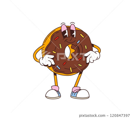 Cartoon retro donut groovy character. Isolated vector vibrant doughnut pastry dessert personage with funky smile, chocolate glaze and colorful sprinkles, embodies a 70s vibe, with a wide, cheery smile 120847397
