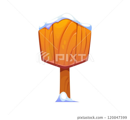 Cartoon signboard cowered with snow in winter. Christmas wooden banner covered in snow, isolated vector empty signpost or guidepost. New Year holiday rustic direction pointer or board 120847399