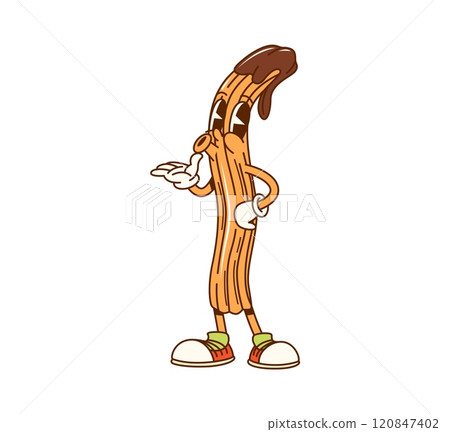 Cartoon groovy Mexican churros fast food character with expressive face, wearing vintage shoes and sending and air kiss joyfully. Funny vector cookie and bakery retro tex mex personage with funky vibe 120847402
