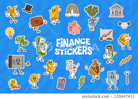Cartoon groovy finance stickers of vector money characters. Cute psychedelic cash, bank, credit card and wallet, dollar, euro and yen currency symbols, money bag, piggy bank and tree stickers pack Cartoon groovy finance stickers of vector money characters. Cute psychedelic cash, bank, credit card and wallet, dollar, euro and yen currency symbols, money bag, piggy bank and tree stickers pack 120847411