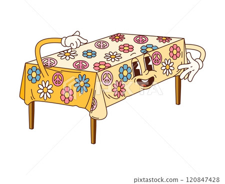 Cartoon table groovy furniture character adorned with colorful tablecloth featuring vibrant flowers and peace symbols. Isolated vector retro home interior item with smiling face and hippie funky vibe Cartoon table groovy furniture character adorned with colorful tablecloth featuring vibrant flowers and peace symbols. Isolated vector retro home interior item with smiling face and hippie funky vibe 120847428