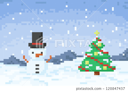 Snowman and Chrismas tree with snowy background in 8 bit style. For Christmas Snowman and Chrismas tree with snowy background in 8 bit style. For Christmas 120847437