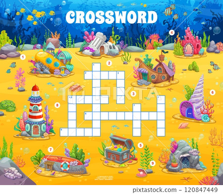 Crossword quiz game grid with cartoon underwater fairytale house buildings, vector worksheet. Kids crossword quiz game to guess cross words of undersea homes in sunken ship boat and lighthouse 120847449