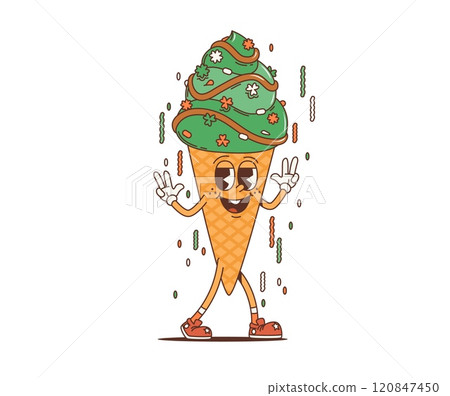 Cartoon retro groovy green ice cream character for Saint Patrick Day holiday, vector personage. Funny groovy ice cream character in wafer cone with shamrock clover leaf sprinkles for St Patrick Day 120847450