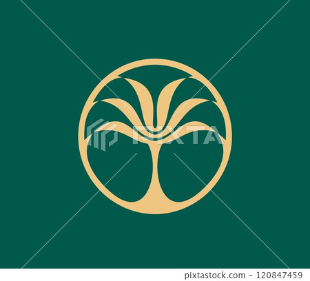 Tropical summer tropical palm beach tree icon. Vector golden palm tree plant inside of circle on a dark green background, symbolizing growth, nature, summer beach vacation and exotic travel recreation 120847459
