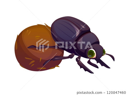 Cartoon funny scarab dung beetle insect character with large, expressive eyes rolling a dung ball. Isolated vector pest or bug, natural world creature, adorable personage with excrement ball 120847460