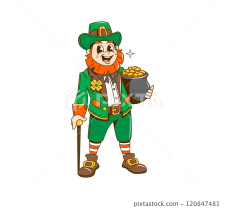 Cartoon retro groovy Saint Patrick day leprechaun character with golden coins pot, vector personage. Irish holiday groovy leprechaun for Ireland festival of St Patrick Day in retro cartoon art 120847481
