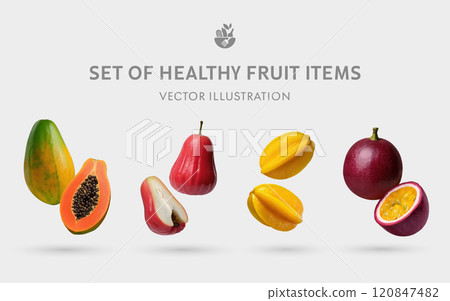 一組3D健康水果向量道具集：木瓜、蓮霧、楊桃、百香果 120847482