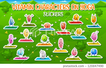 Stickers pack of vitamin characters on yoga fitness. B1, N, E minerals capsules cartoon funny characters vector stickers. D, H, C micronutrient or vitamin dragee cute personages doing yoga exercises Stickers pack of vitamin characters on yoga fitness. B1, N, E minerals capsules cartoon funny characters vector stickers. D, H, C micronutrient or vitamin dragee cute personages doing yoga exercises 120847490