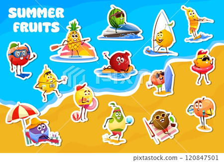 Cartoon fruit characters on summer vacation stickers. Vector funny apple, orange, banana, lemon and mango fruit food personages at beach. Cute pineapple, peach, watermelon and plum stickers pack 120847501