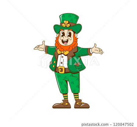 Cartoon retro groovy leprechaun character with vibrant green attire, top hat and a cheerful expression. Vector saint Patrick Day holiday personage with arms outstretched, inviting positivity and charm Cartoon retro groovy leprechaun character with vibrant green attire, top hat and a cheerful expression. Vector saint Patrick Day holiday personage with arms outstretched, inviting positivity and charm 120847502