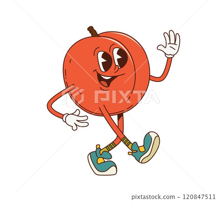 Cartoon retro groovy nectarine fruit character walking energetically, exuding sense of excitement and fun. Isolated vector ripe and cheerful peach fruit retro personage in vintage sneakers and gloves Cartoon retro groovy nectarine fruit character walking energetically, exuding sense of excitement and fun. Isolated vector ripe and cheerful peach fruit retro personage in vintage sneakers and gloves 120847511