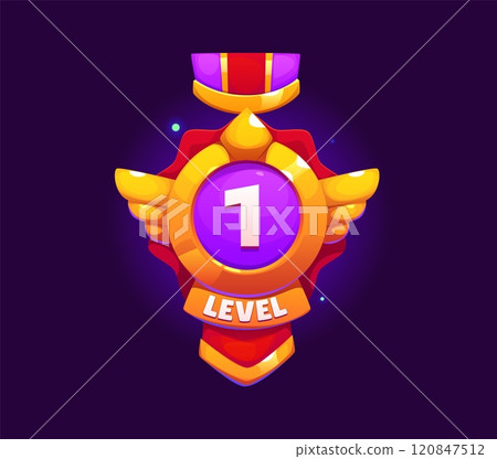 Game rank level up badge icon, victory shields asset. Cartoon vector first level reward, user rate trophy signify progression and achievement, victory and success in gaming. Gui pop up app element Game rank level up badge icon, victory shields asset. Cartoon vector first level reward, user rate trophy signify progression and achievement, victory and success in gaming. Gui pop up app element 120847512