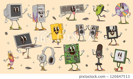 Cartoon groovy computer devices, retro characters of pc gadgets and laptop electronic equipment. Vector psychedelic desktop computer keyboard , groovy monitor, usb, mouse and microphone personages Cartoon groovy computer devices, retro characters of pc gadgets and laptop electronic equipment. Vector psychedelic desktop computer keyboard , groovy monitor, usb, mouse and microphone personages 120847513