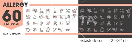 Allergy icons of asthma, fever or rhinitis as allergic symptoms or medical symbols, line vector. Allergy icons of allergens in food or pollen dust, eye itching symptoms, allergy tests and treatment Allergy icons of asthma, fever or rhinitis as allergic symptoms or medical symbols, line vector. Allergy icons of allergens in food or pollen dust, eye itching symptoms, allergy tests and treatment 120847514