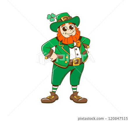 Cartoon retro groovy leprechaun character for Saint Patrick Day, vector funny personage. Irish holiday St Patrick day groovy leprechaun with shamrock clover in hat in retro cartoon of Ireland festival 120847515