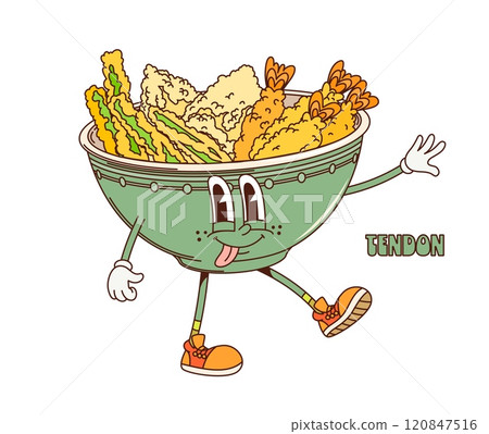 Cartoon retro groovy tendon donburi character. Isolated vector bowl of tempura over rice. Japan food personage with jovial expression, large eyes and friendly smile presenting traditional Asian meal 120847516