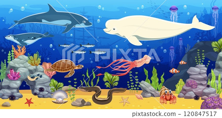 Cartoon underwater landscape with sea animals and sunken ship on ocean bottom vector background. Tropical coral reef fish, dolphin, crab and squid, beluga whale, squid and jellyfish characters 120847517