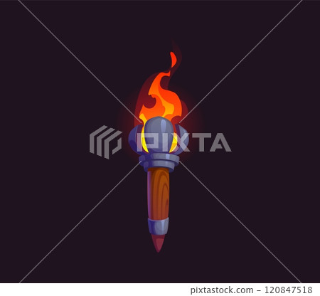 Torch, Medieval game cartoon fire light or ancient torchlight, vector GUI asset. Medieval castle dungeon or pirate torch with burning fire flame on wooden handle for fantasy adventure of arcade game 120847518