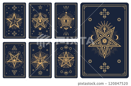 Tarot cards with occult symbols, Sun, Moon and stars vector line pattern. Magic, mystic and esoteric tarot cards deck, outline gold skull, eye of providence, alchemy pentagrams and sacred ankh symbols 120847520