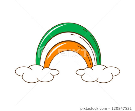 Cartoon retro groovy rainbow, saint Patrick day holiday symbol. Isolated vector irish vibrant rainbow with clouds and colors of national flag. Ireland sign of celebration, hope, luck and festivities Cartoon retro groovy rainbow, saint Patrick day holiday symbol. Isolated vector irish vibrant rainbow with clouds and colors of national flag. Ireland sign of celebration, hope, luck and festivities 120847521