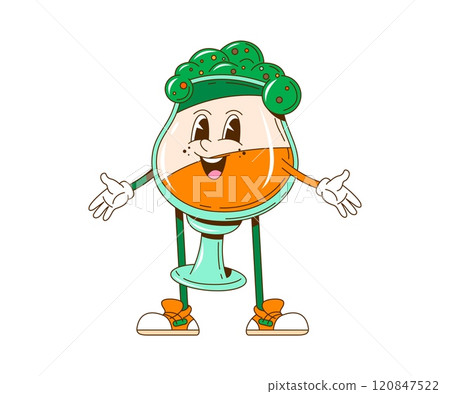 Groovy retro cartoon Saint Patrick day beer character for Irish holiday, vector funny comic. Groovy cartoon green ale beer with happy smiling face, St Patrick Day character in 70s hippie retro art 120847522