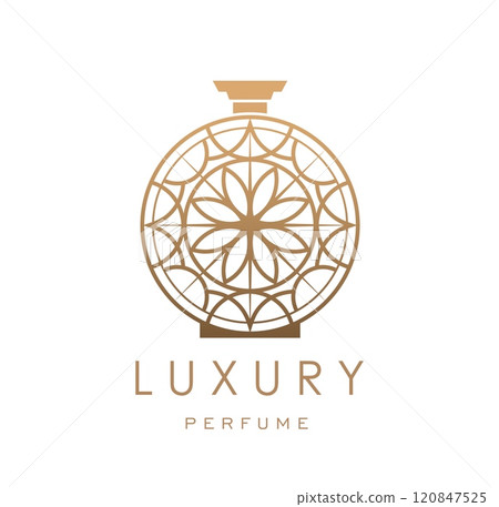 Luxury perfume fragrance icon. Isolated vector elegant and intricate golden scent vial emblem for branding high end fragrances and beauty products, exudes sense of opulence and luxury style for brand Luxury perfume fragrance icon. Isolated vector elegant and intricate golden scent vial emblem for branding high end fragrances and beauty products, exudes sense of opulence and luxury style for brand 120847525