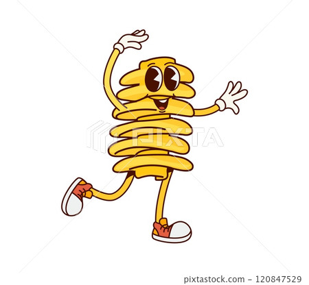 Italian pasta Radiatori groovy cute character. Italy cuisine menu raw pasta groovy character, Italian restaurant tasty noodle dish or Radiatori classic meal comical vintage isolated vector mascot 120847529