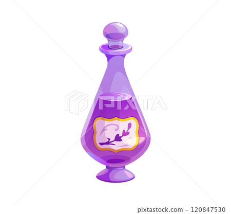 Cartoon glass flask with lavender flowers cosmetics and oil. Isolated vector whimsical and mystical potion bottle, sophisticated vial with purple liquid content, hinting at magical or therapeutic uses 120847530