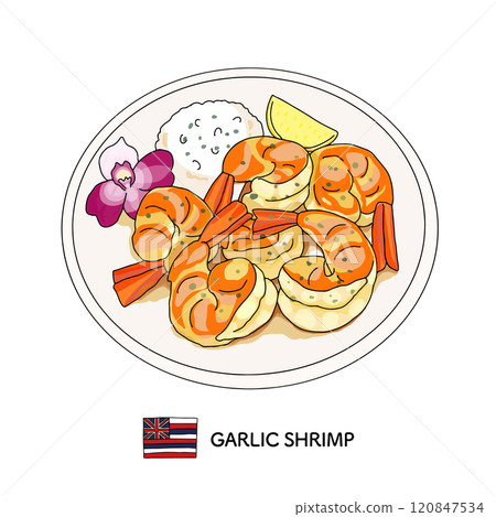 夏威夷菜_蒜蓉蝦的線描插圖 120847534