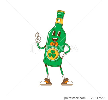 Cartoon retro groovy Saint Patrick day beer bottle, vector funky character. Irish holiday groovy green ale beer bottle with happy face, shamrock clover and Ireland flag St Patrick Day character 120847555