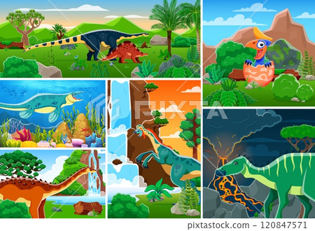 Cartoon dinosaurs characters collage on prehistoric jungle forest and ocean nature landscape vector background. Funny oviraptor, wuerhosaurus, shantungosaurus dinosaurs and baby dino in egg personages 120847571