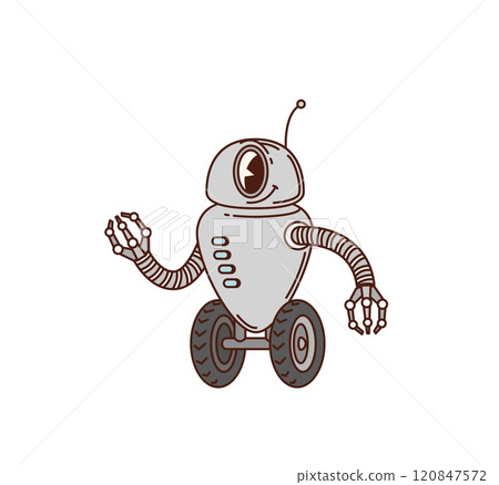 Cartoon retro groovy robot character, cute psychedelic AI toy, vintage hippie transformer, funky humanoid cyborg or droid vector personage. Groovy hippy wheeled robot with antenna and manipulators Cartoon retro groovy robot character, cute psychedelic AI toy, vintage hippie transformer, funky humanoid cyborg or droid vector personage. Groovy hippy wheeled robot with antenna and manipulators 120847572